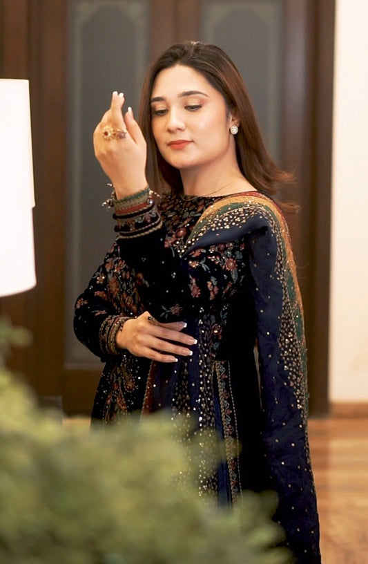 Merium Pervaiz Embroidered Velvet Shirt, Lehenga and Dupatta | COD | 40% OFF