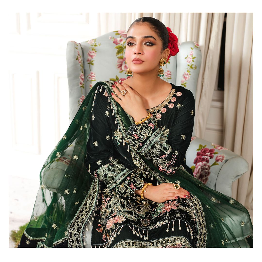 Laiba Khan - Shein Velvet Long Shirt, Trouser and Dupatta set | 40% OFF