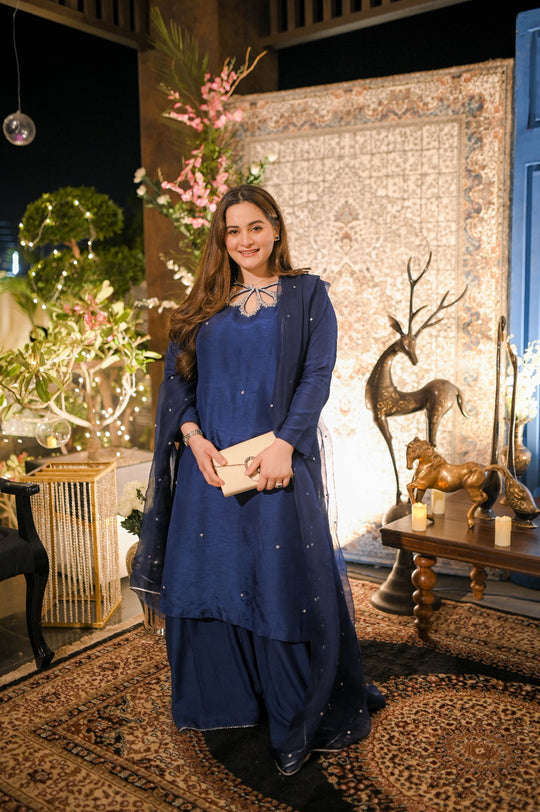 Aiman Khan - Embellished blue shirt, Trouser with Dupatta - COD | 30% OFF