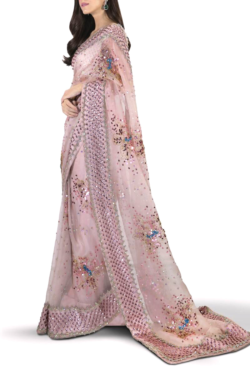 Maya Ali Peach Blush Embellished Organza Saree | COD | 70% OFF