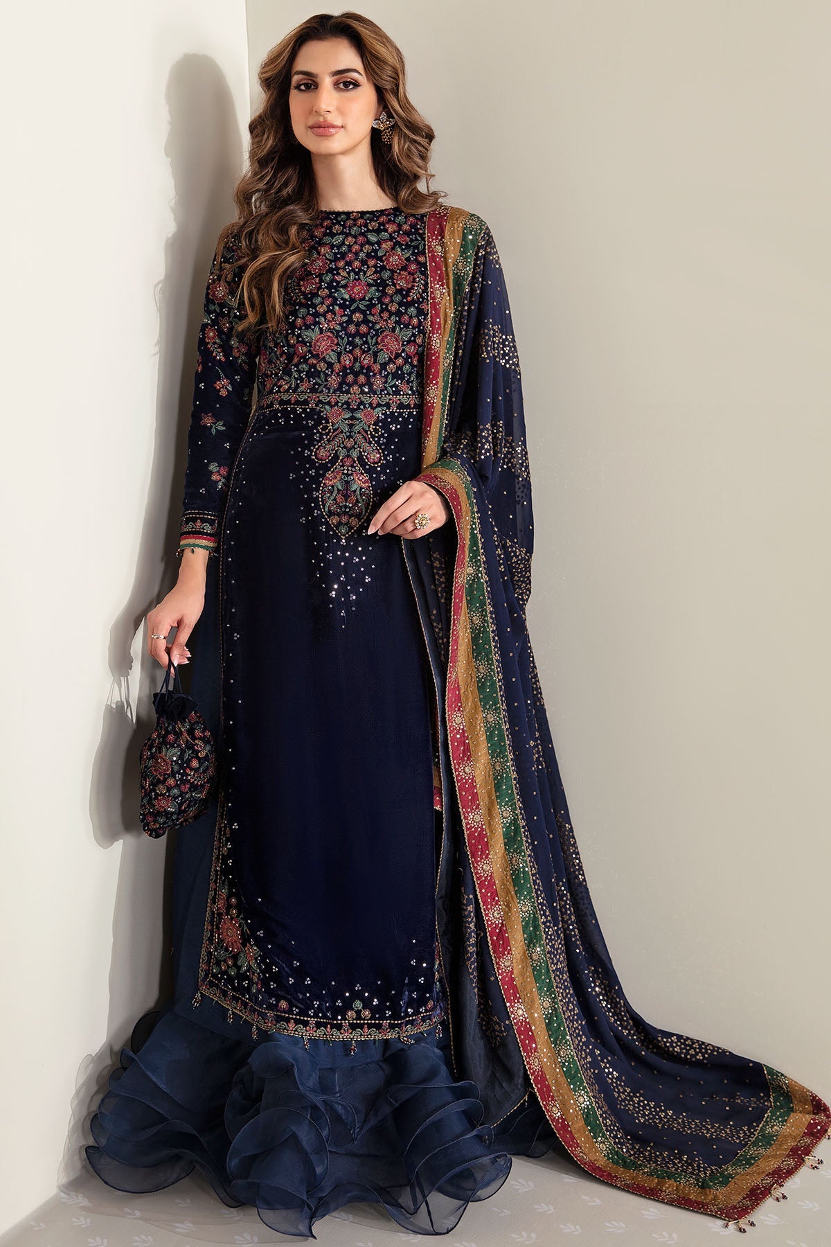 Merium Pervaiz Embroidered Velvet Shirt, Lehenga and Dupatta | COD | 40% OFF