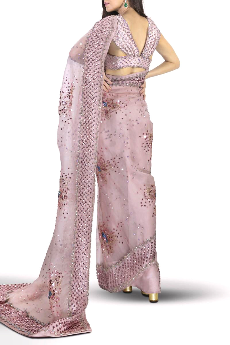 Maya Ali Peach Blush Embellished Organza Saree | COD | 70% OFF