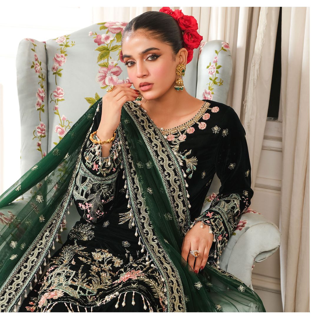 Laiba Khan - Shein Velvet Long Shirt, Trouser and Dupatta set | 40% OFF