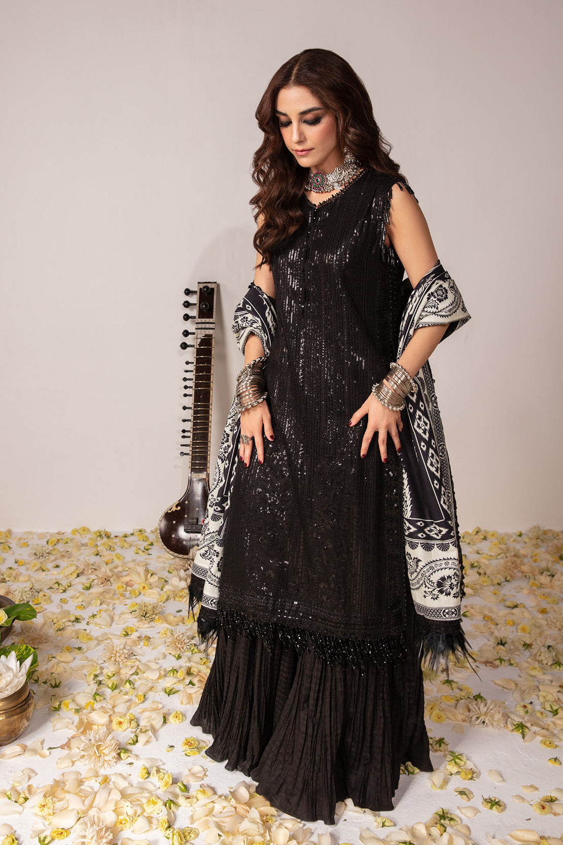 Maya Ali - Black Khaddar Long Shirt, Trouser and Dupatta Dress | Stitched | 50% OFF