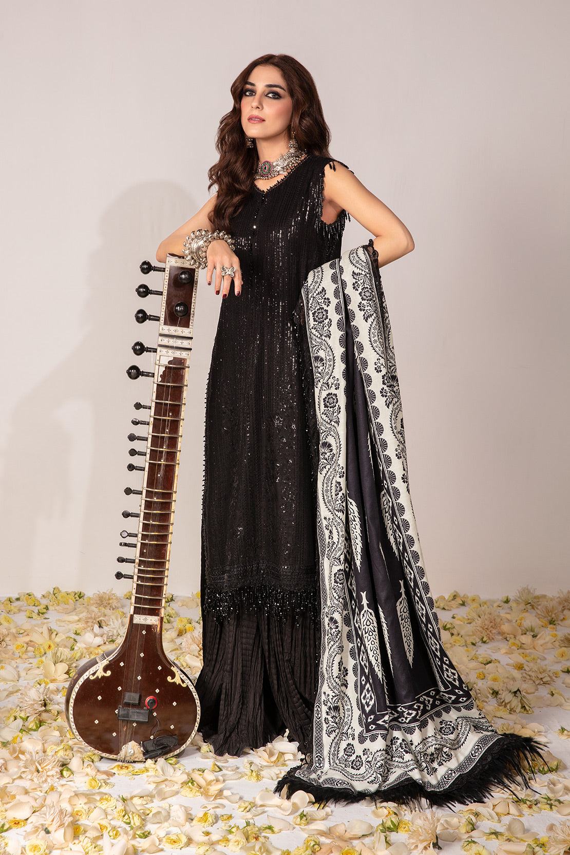 Maya Ali - Black Khaddar Long Shirt, Trouser and Dupatta Dress | Stitched | 50% OFF