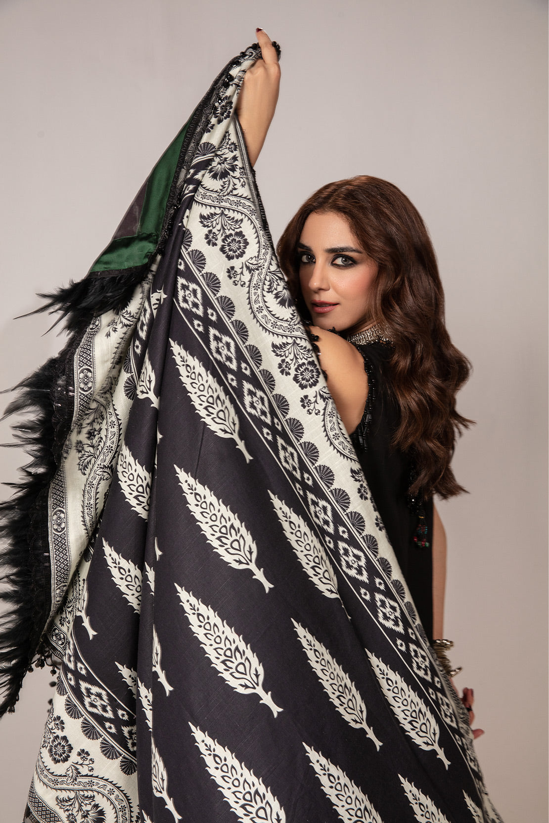 Maya Ali - Black Khaddar Long Shirt, Trouser and Dupatta Dress | Stitched | 50% OFF