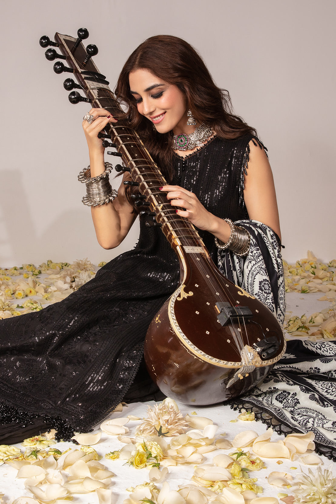 Maya Ali - Black Khaddar Long Shirt, Trouser and Dupatta Dress | Stitched | 50% OFF