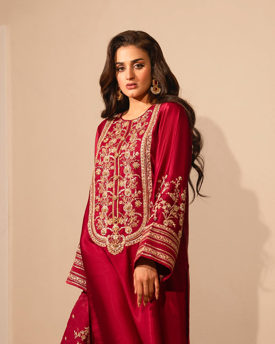Hira Mani - Embroidered Rose red Long Shirt, Trouser and Dupatta set - COD | 50% OFF