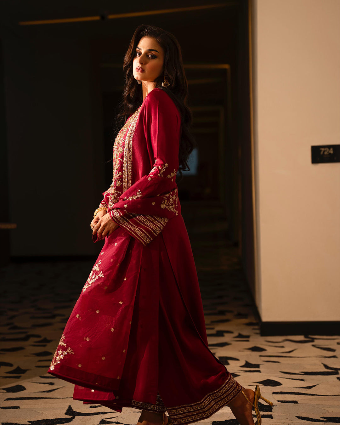Hira Mani - Embroidered Rose red Long Shirt, Trouser and Dupatta set - COD | 50% OFF