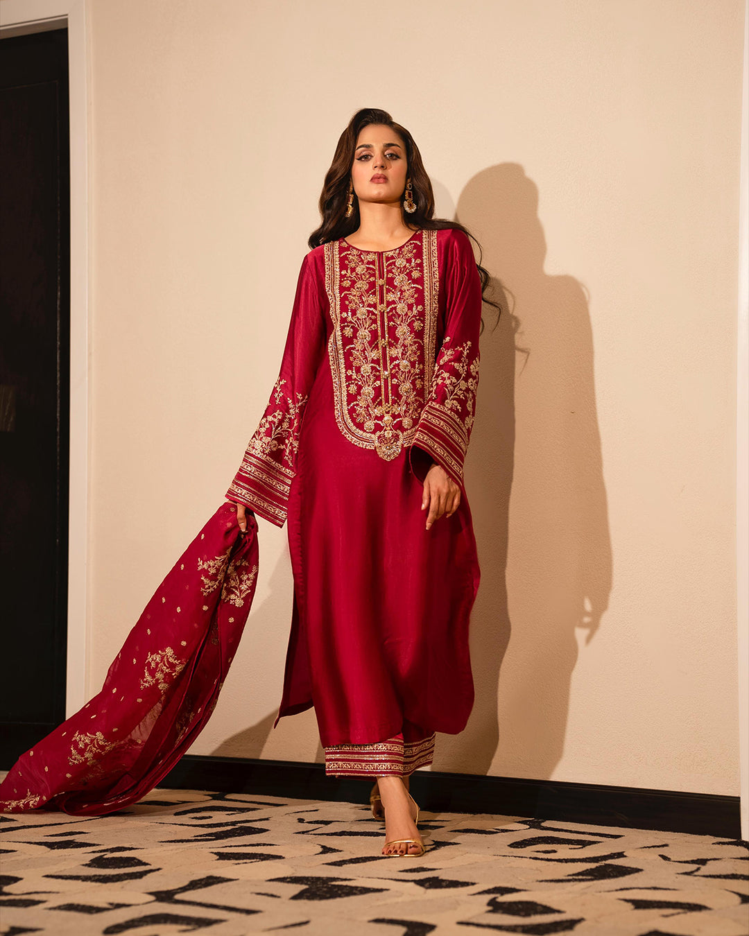 Hira Mani - Embroidered Rose red Long Shirt, Trouser and Dupatta set - COD | 50% OFF