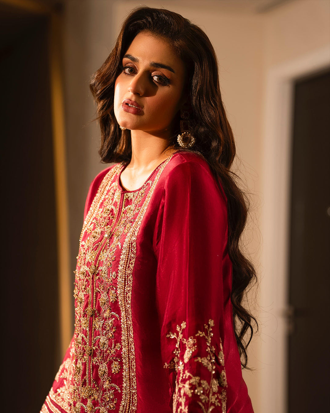 Hira Mani - Embroidered Rose red Long Shirt, Trouser and Dupatta set - COD | 50% OFF