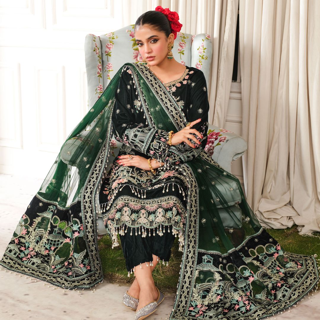 Laiba Khan Shein Velvet Long Shirt, Trouser and Dupatta set 40% OFF