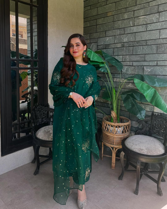 Aiman Khan - Zari Shirt, Trouser with Dupatta | 40% OFF | Reshmi Shirt | COD