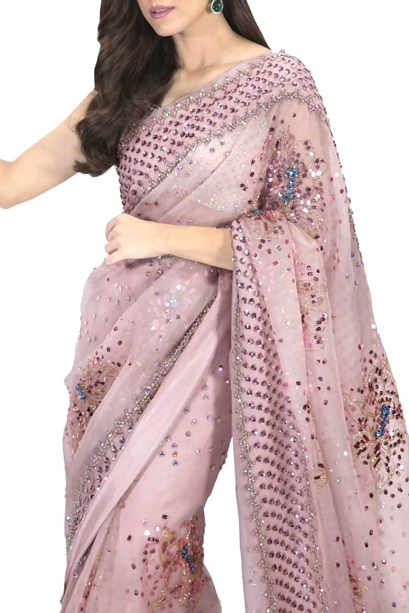 Maya Ali Peach Blush Embellished Organza Saree | COD | 70% OFF