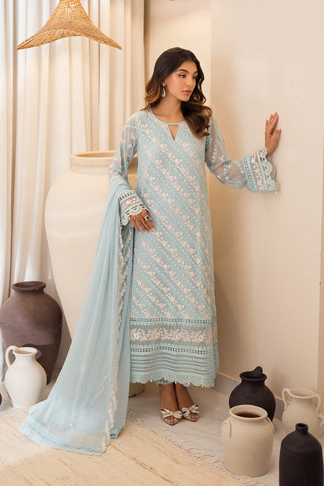 Laiba Khan Ice Blue Shirt, Trouser and Dupatta Collectible | 40% OFF