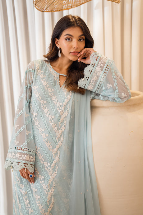 Laiba Khan Ice Blue Shirt, Trouser and Dupatta Collectible | 40% OFF