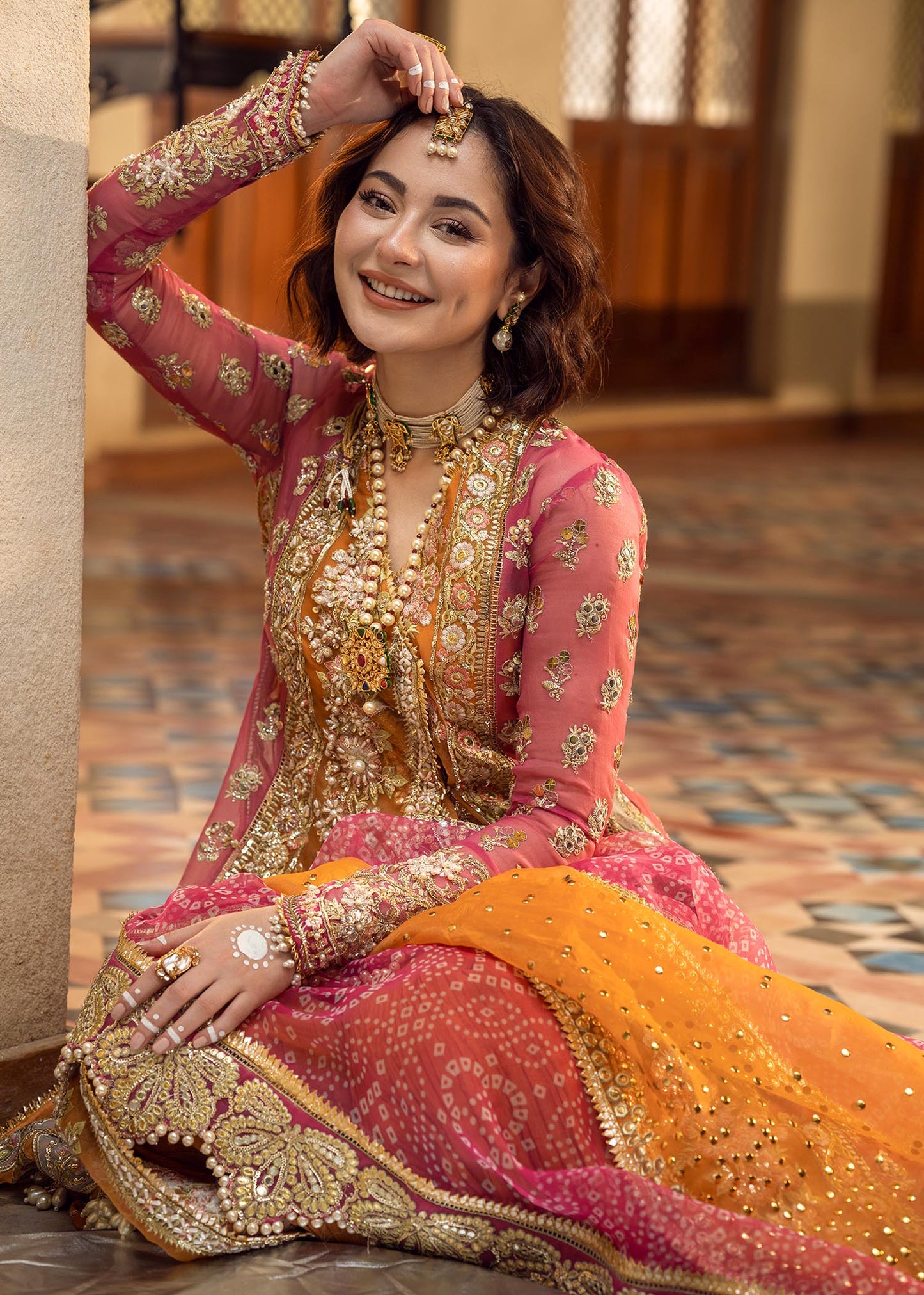 Hania Aamir - Mehndi Galore Long Shirt, Trouser and Dupatta set | 40% OFF