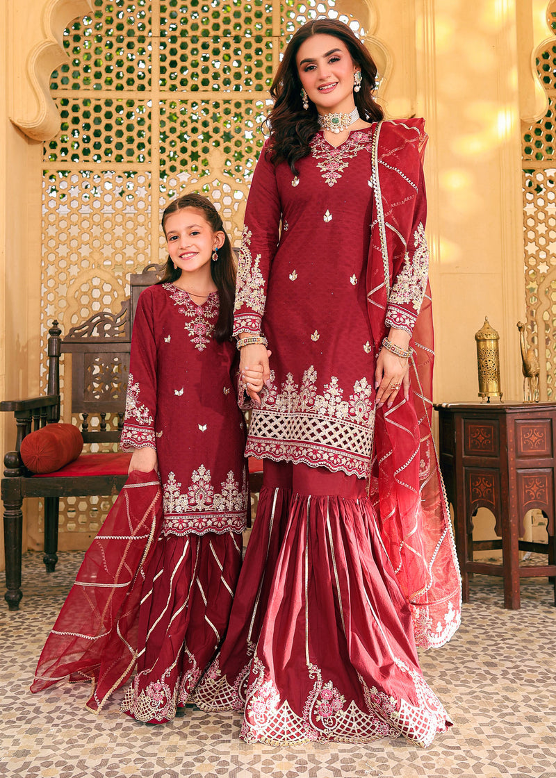 Hira Mani Rose Red Shirt, Gharara and Dupatta Set | 42% OFF | Mother & Daughter Duo | COD