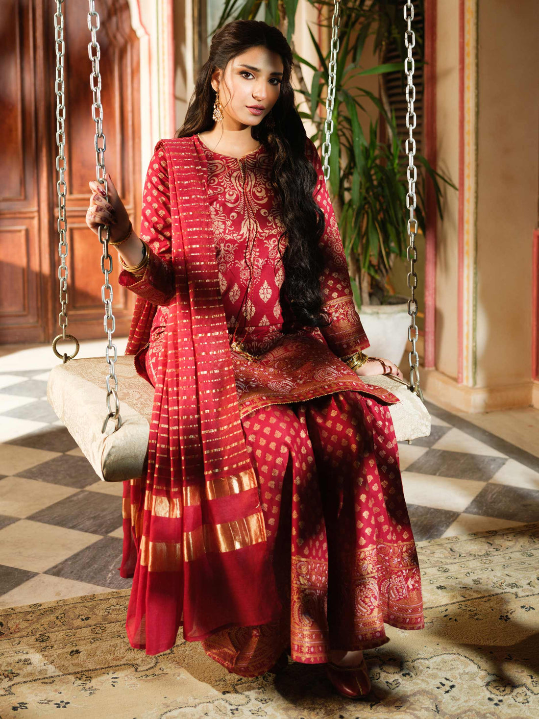 Ramsha Khan - Gold Paste Shirt, Sharara with Dupatta - COD | 50% OFF