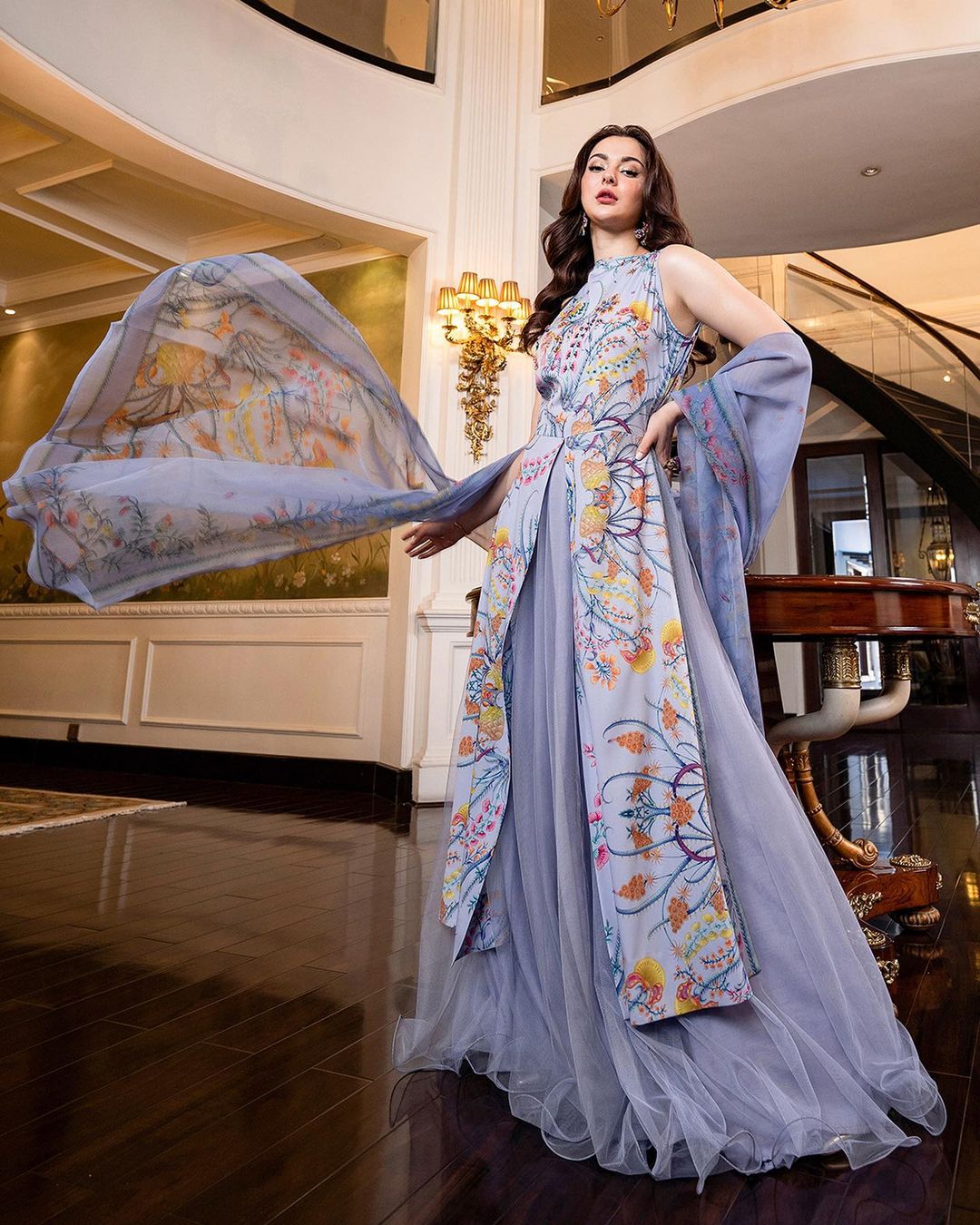 Hania Aamir - Floral Lilac Long Top, Skirt and Dupatta dress | 50% OFF
