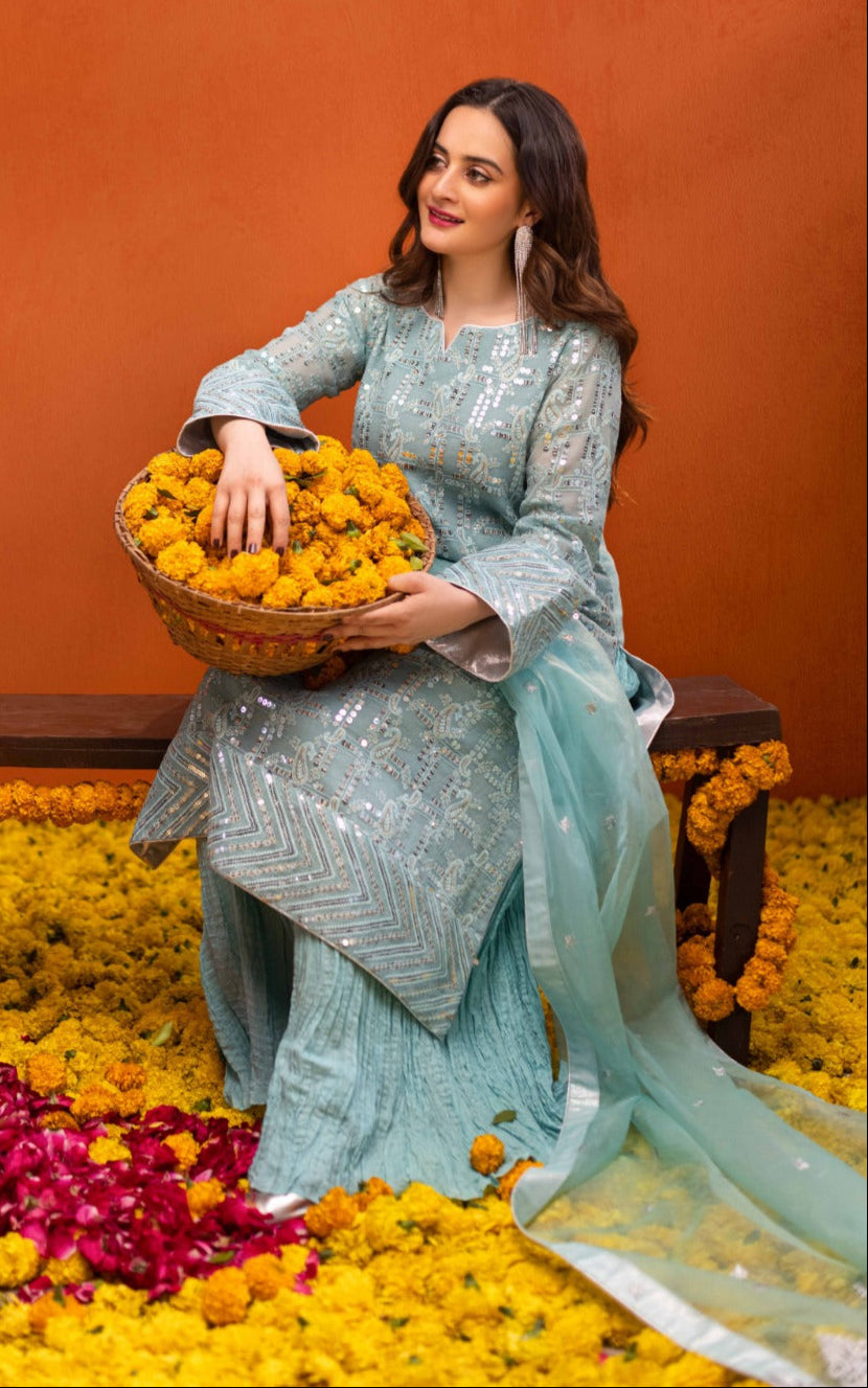 Aiman Khan - Aina Shirt, Trouser with Dupatta - COD | 50% OFF