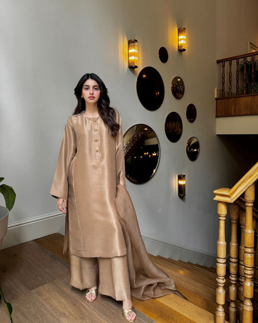 Anmol Baloch Beige Silk Shirt, Trouser with Dupatta | 50% OFF | Reshmi Shirt - COD
