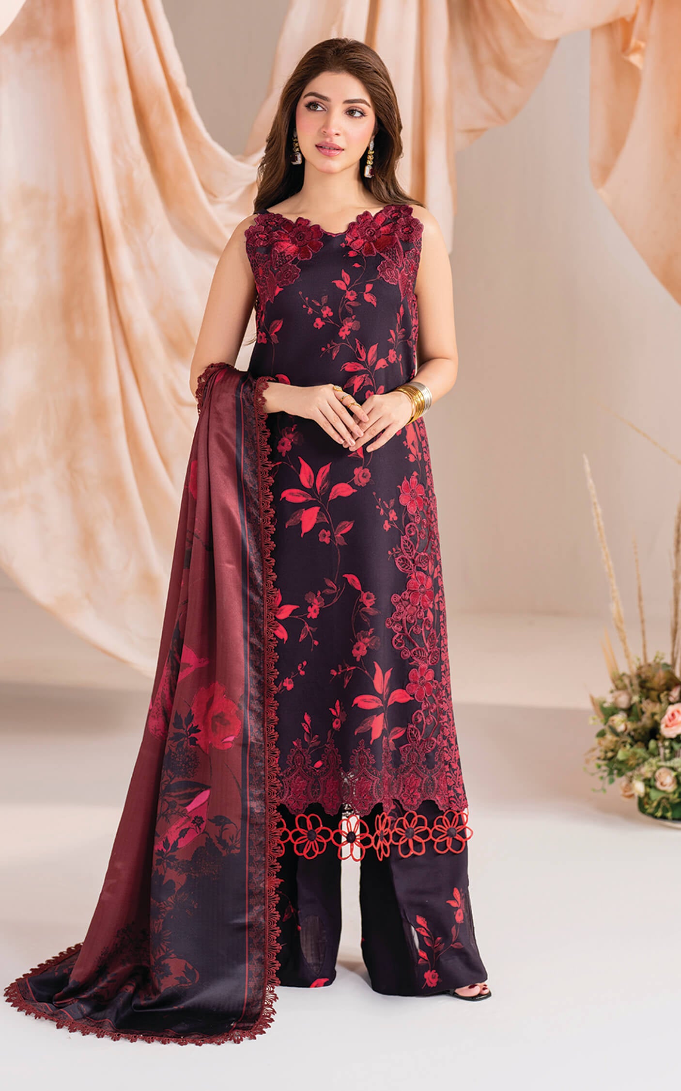Kinza Hashmi - Maroon floral viscose Shirt, Trouser and Dupatta set | COD | 40% OFF