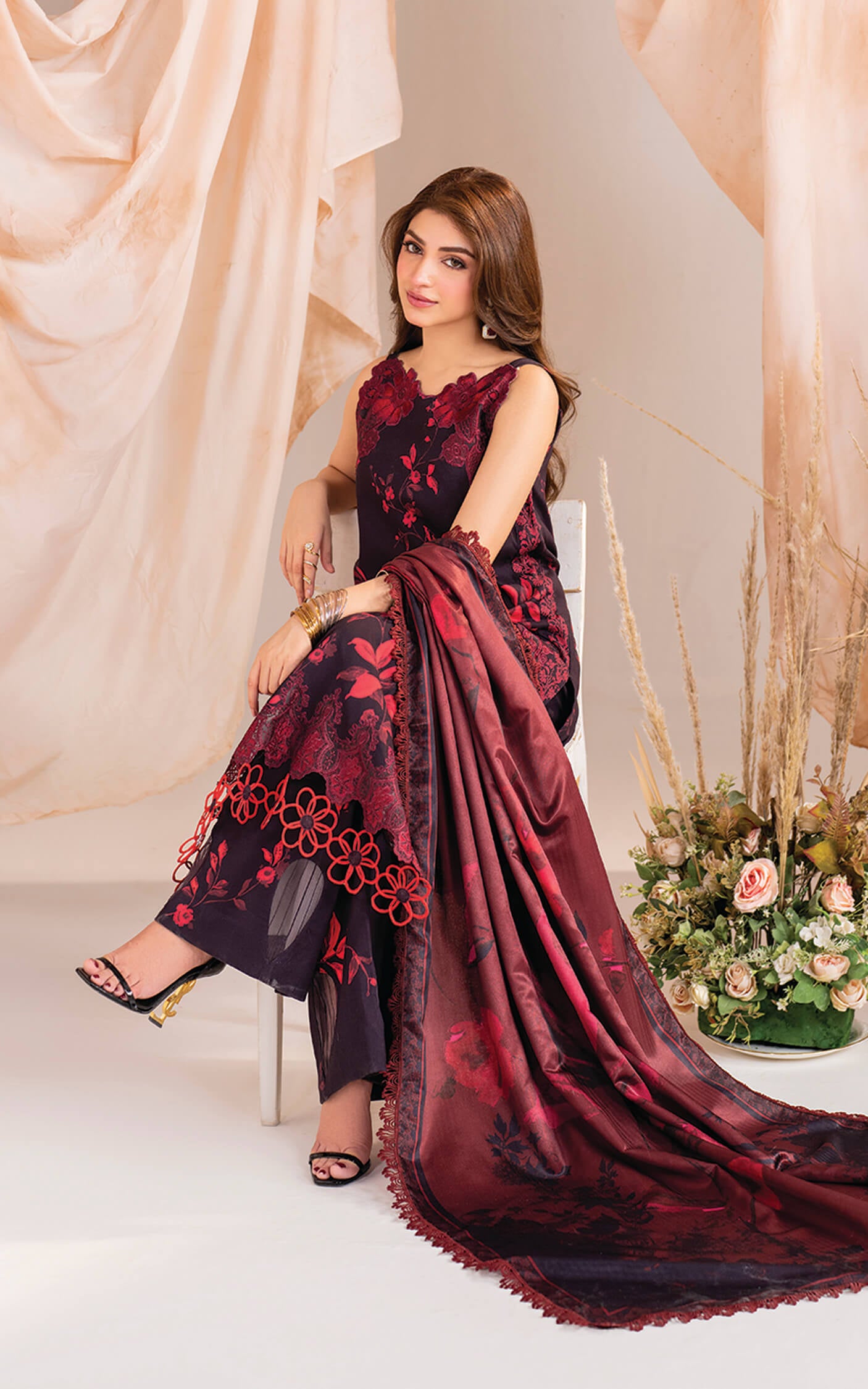 Kinza Hashmi - Maroon floral viscose Shirt, Trouser and Dupatta set | COD | 40% OFF