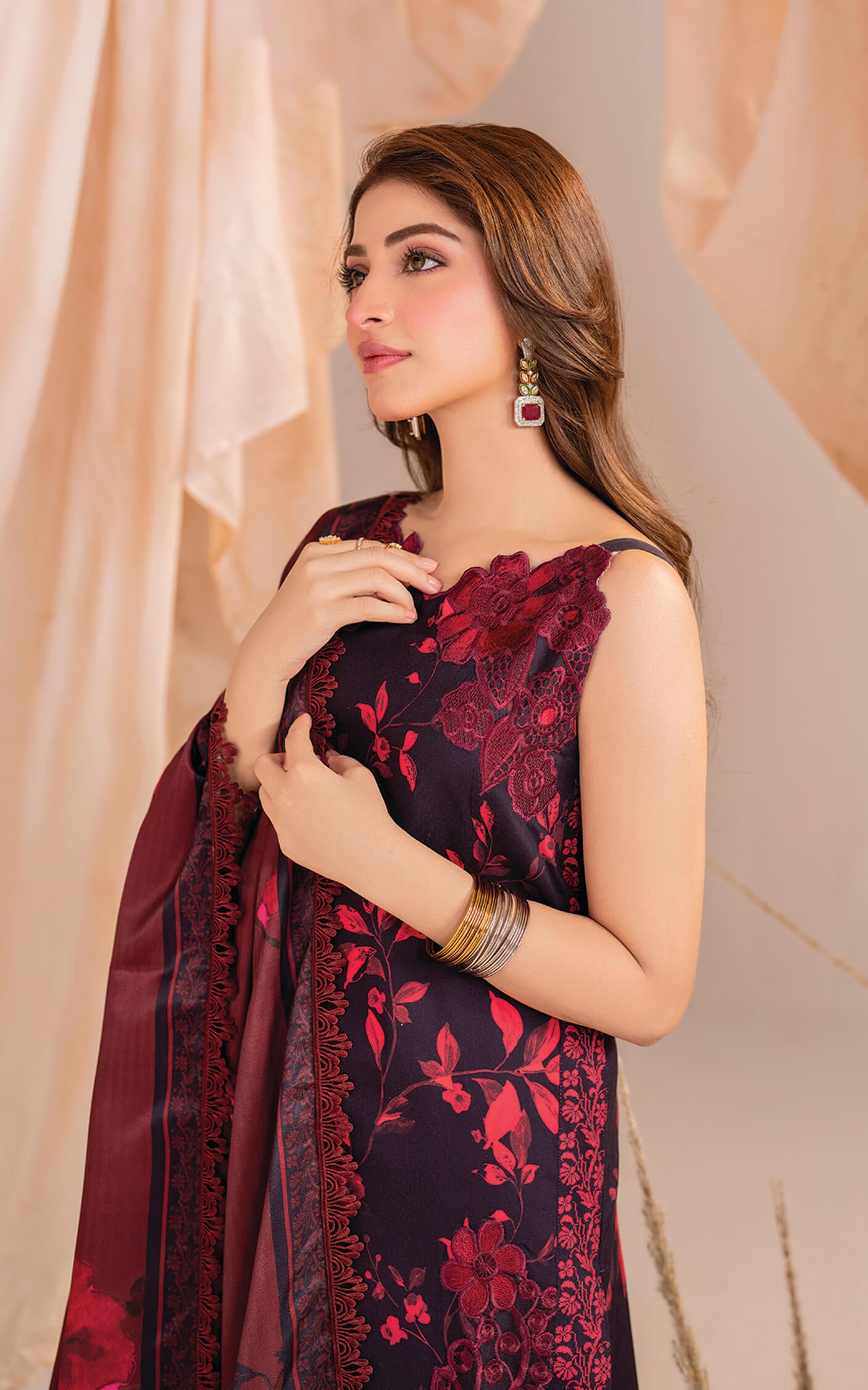 Kinza Hashmi - Maroon floral viscose Shirt, Trouser and Dupatta set | COD | 40% OFF