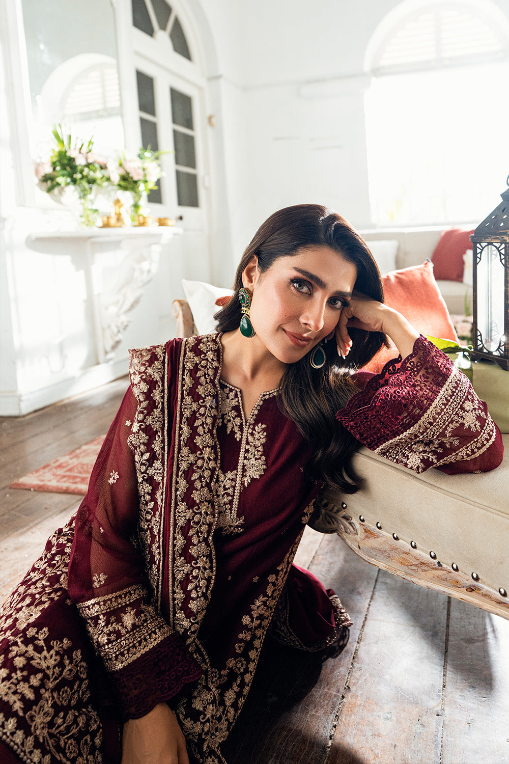 Ayeza Khan - Maroon Dusk Shirt, Trouser with Dupatta - COD | 50%