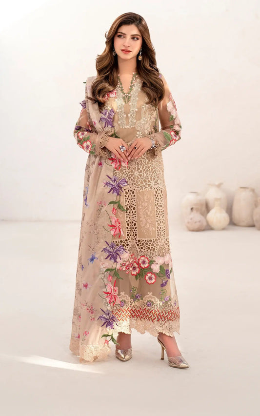 Kinza Hashmi - Embellished Beige Floral Shirt, Trouser and Dupatta - COD | 35% OFF