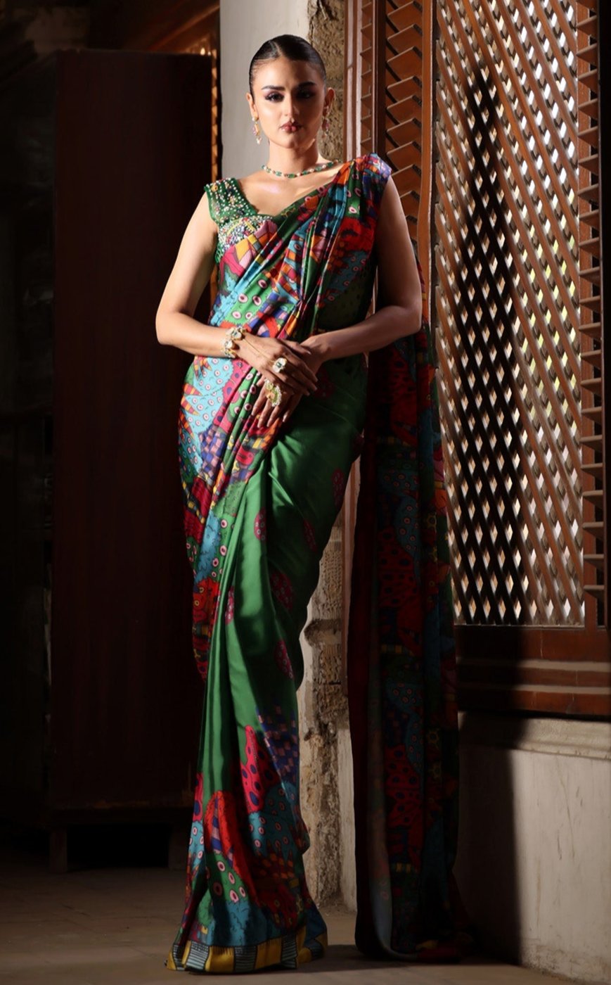 Hira Mani Green Sari | 50% OFF