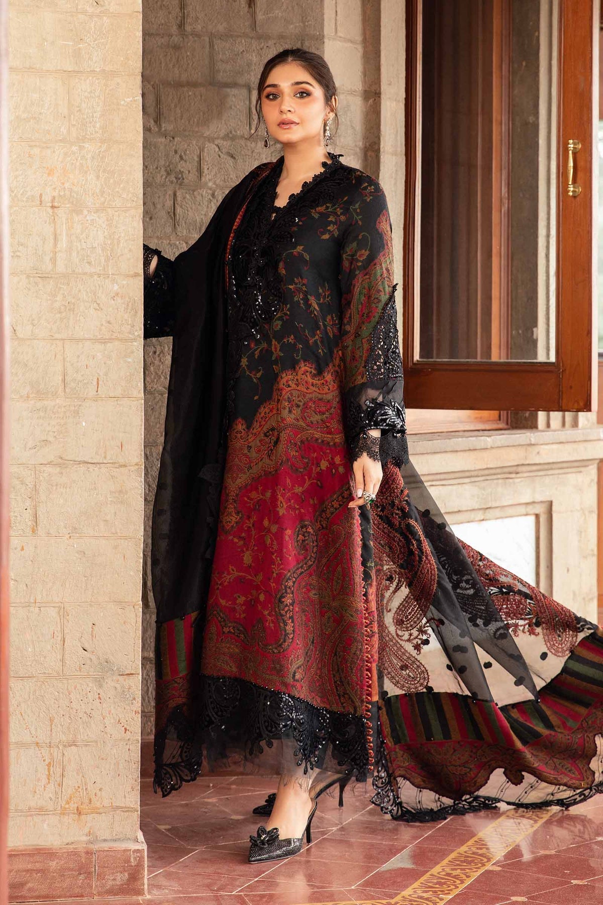 black dress with red dupatta ATHARVA Cut-Work Embroidery Salwar Kameez/Black Chanderi Shirt Dupatta/Maroon Velvet Patch/Custom Stitch Unstitch/Plazzo/Pants/Gift/CUT8029