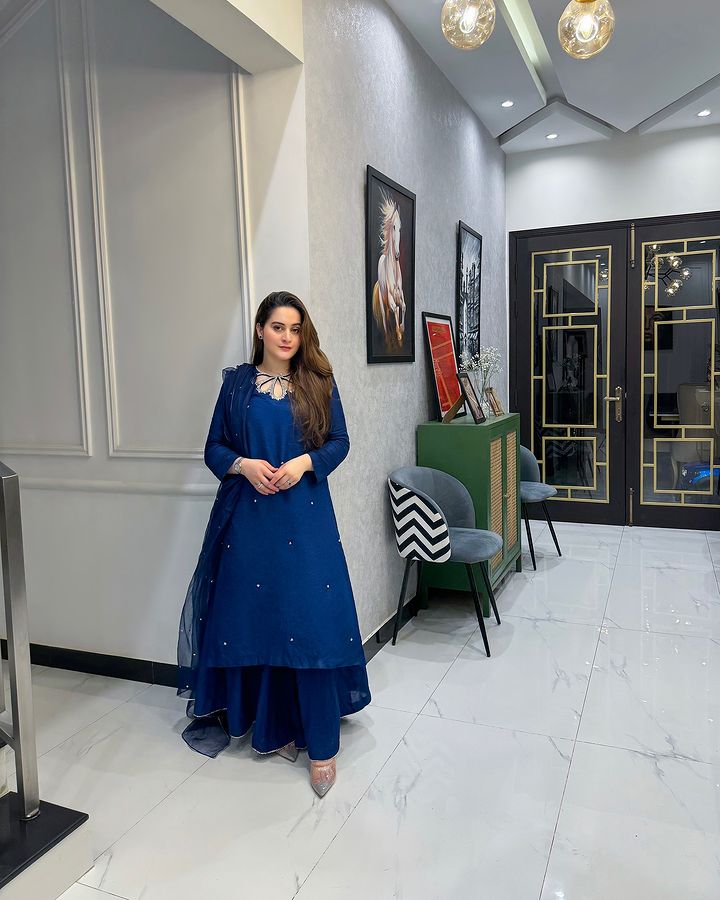 Aiman Khan - Embellished blue shirt, Trouser with Dupatta - COD | 30% OFF