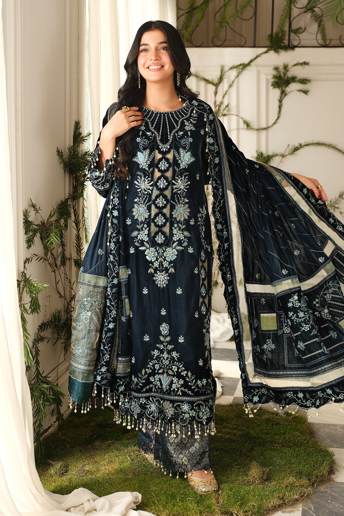 Laiba Khan - Zeve Velvet Long Shirt, Trouser and Dupatta set | 40% OFF