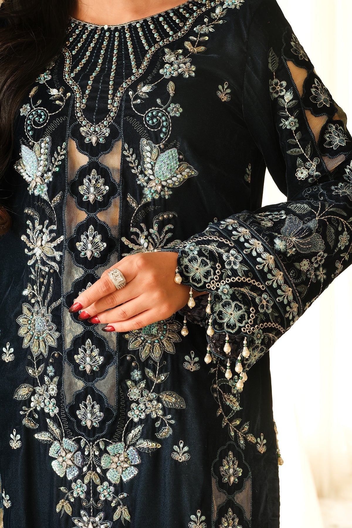 Laiba Khan - Zeve Velvet Long Shirt, Trouser and Dupatta set | 40% OFF