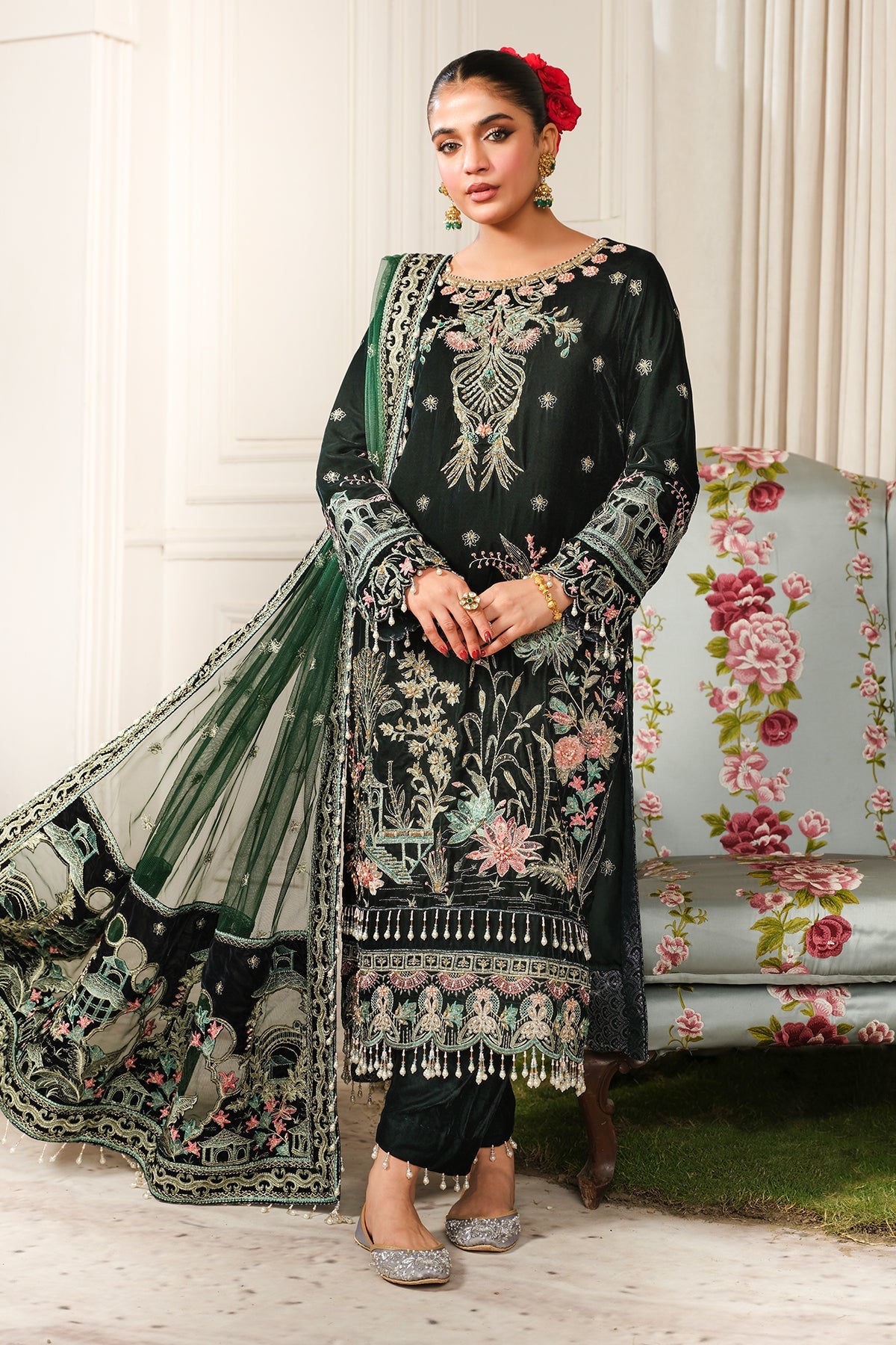 Laiba Khan - Shein Velvet Long Shirt, Trouser and Dupatta set | 40% OFF