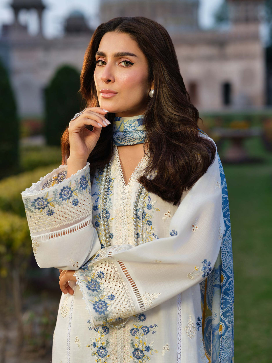 Ayeza Khan - Embellished Sky Shirt, trouser with Dupatta - COD | 40% OFF