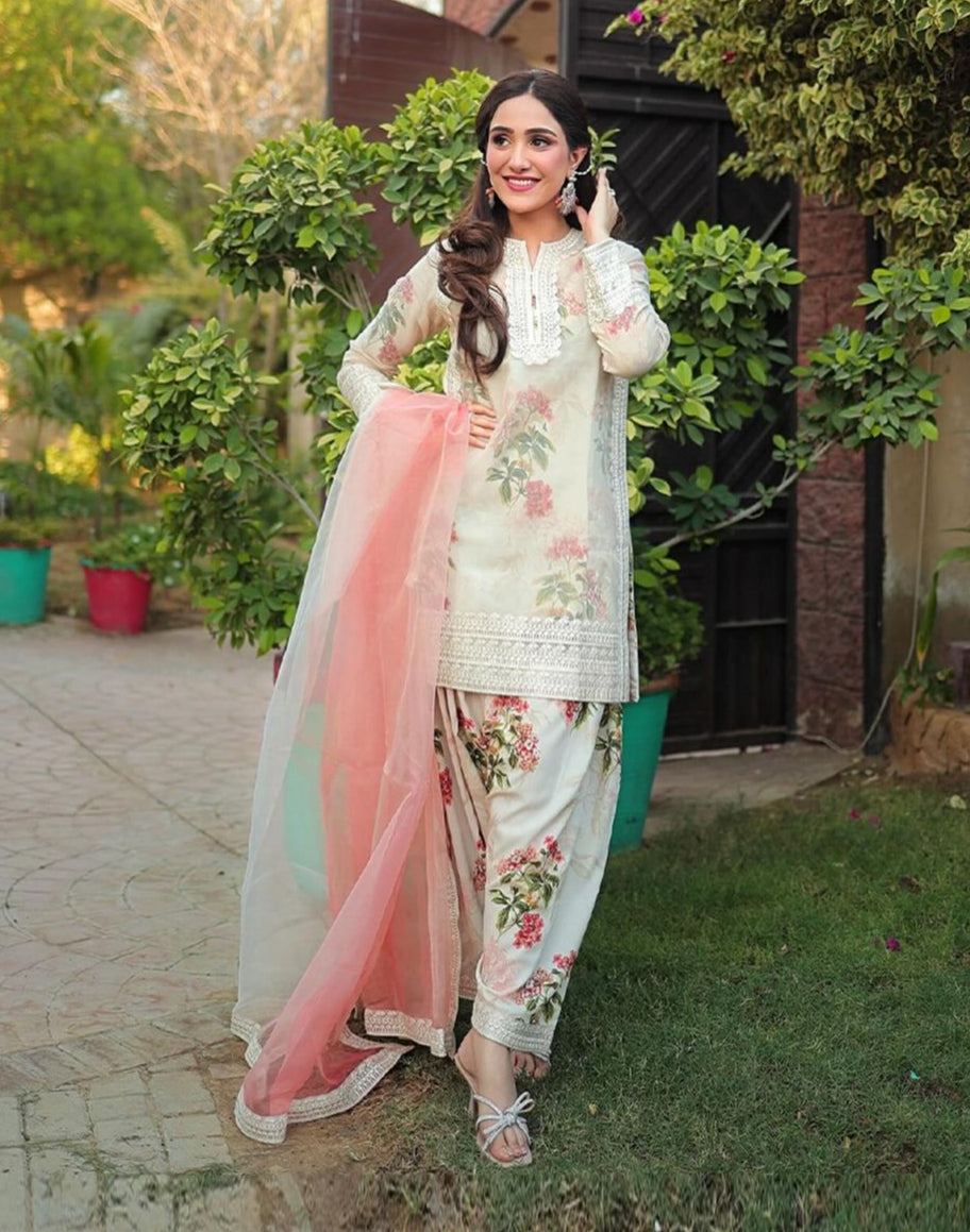 Hania Aamir - Flamingo Shirt, Trouser and Dupatta set | 50% OFF