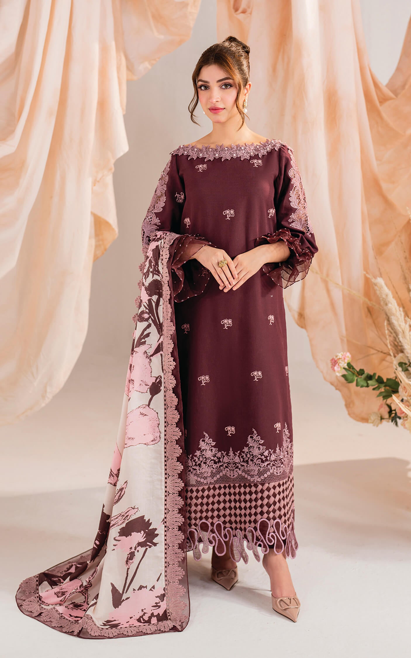 Kinza Hashmi - Elysian floral viscose Shirt, Trouser and Dupatta set | 40% OFF