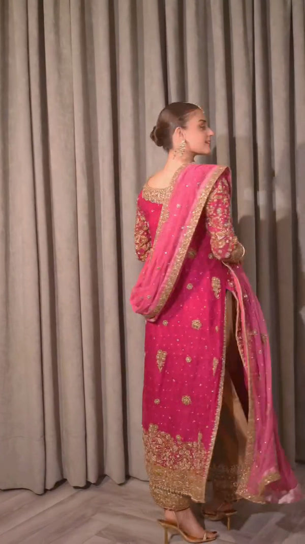 Hira Mani - Embroidered Rose Pink Long Shirt, Trouser and dupatta set | 50% OFF