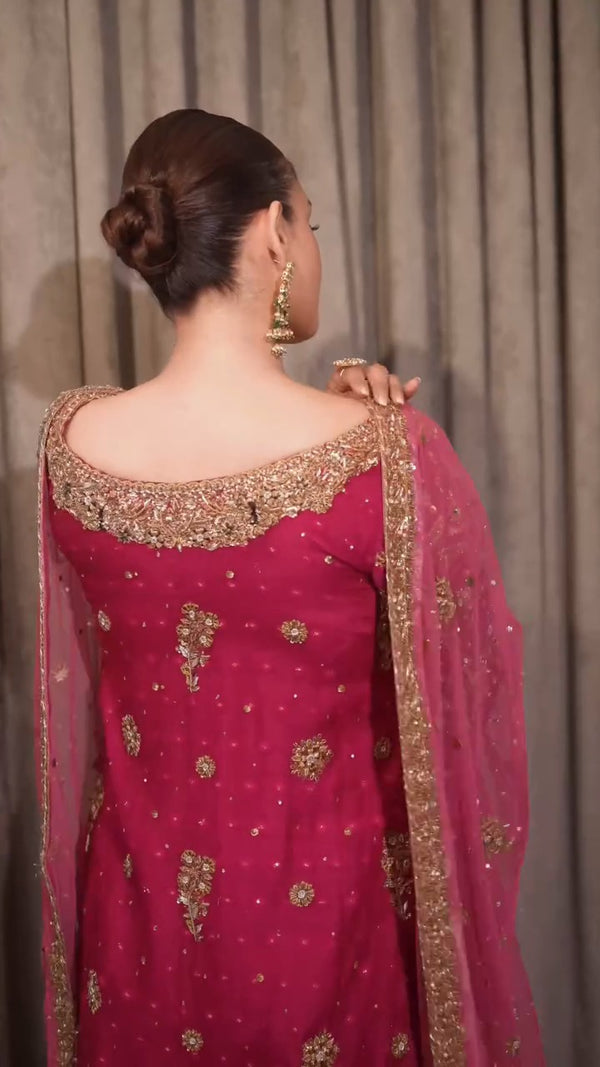 Hira Mani - Embroidered Rose Pink Long Shirt, Trouser and dupatta set | 50% OFF