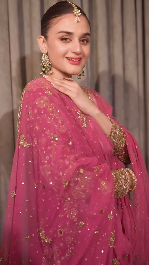 Hira Mani - Embroidered Rose Pink Long Shirt, Trouser and dupatta set | 50% OFF