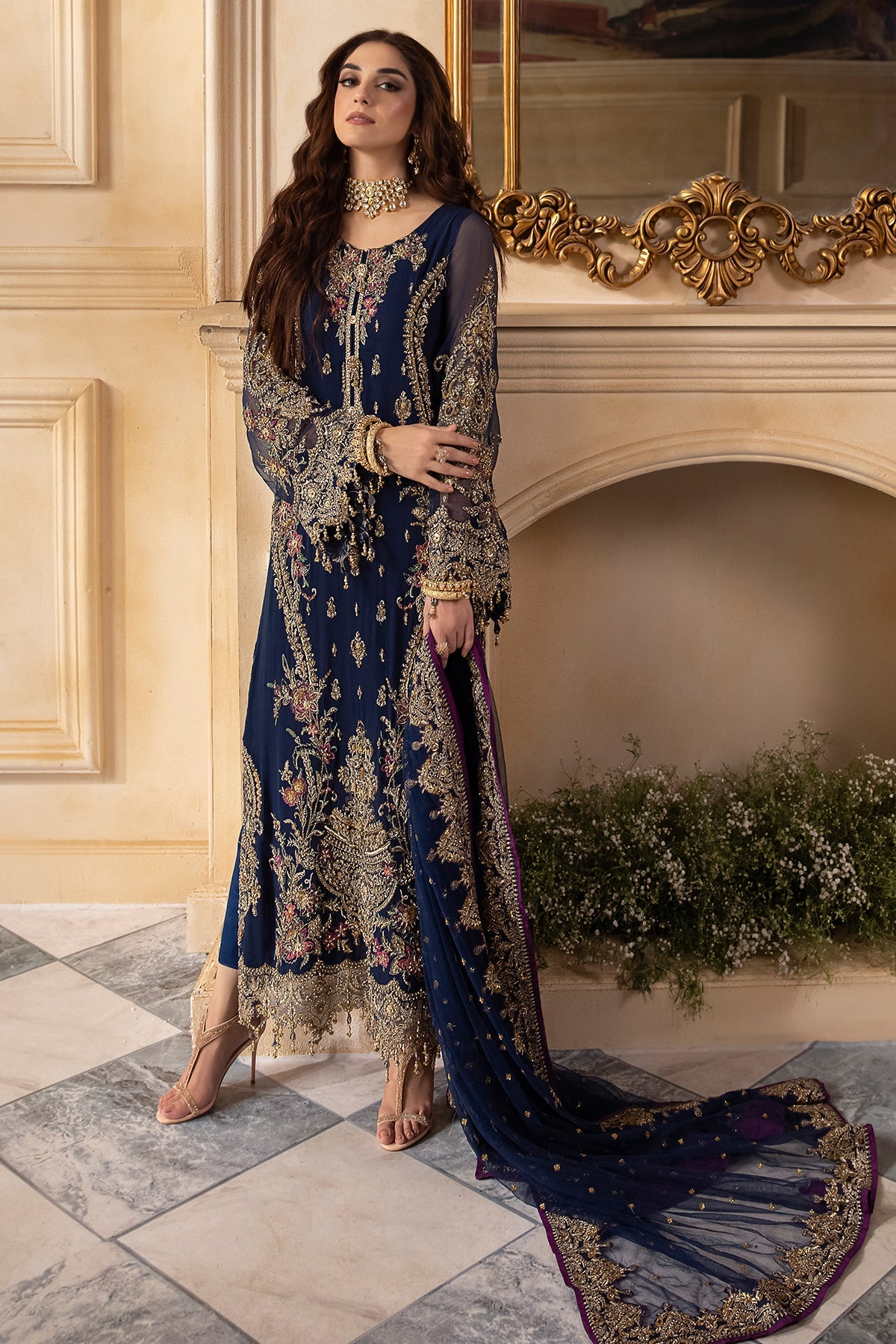 Maya Ali Dark Blue Long Shirt, Trouser and Dupatta Set | COD