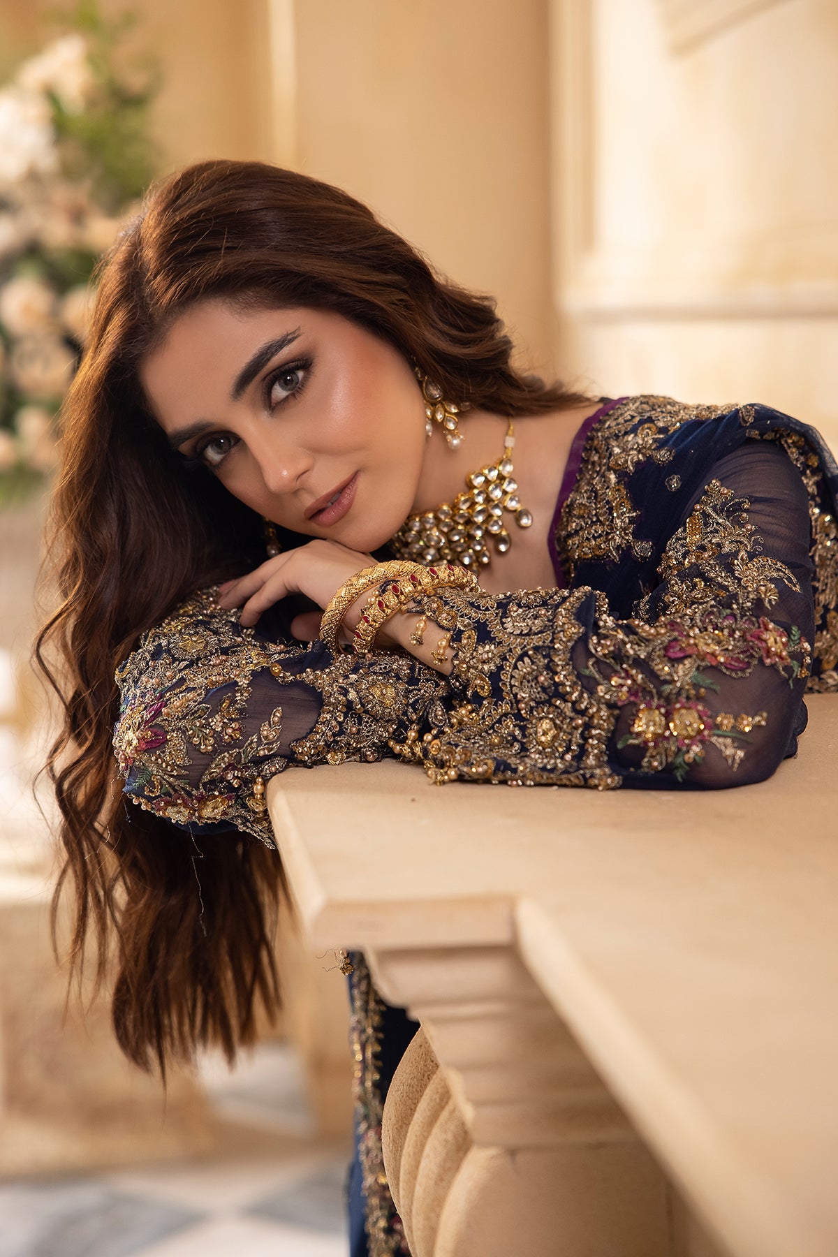 Maya Ali Dark Blue Long Shirt, Trouser and Dupatta Set | COD | 50% OFF
