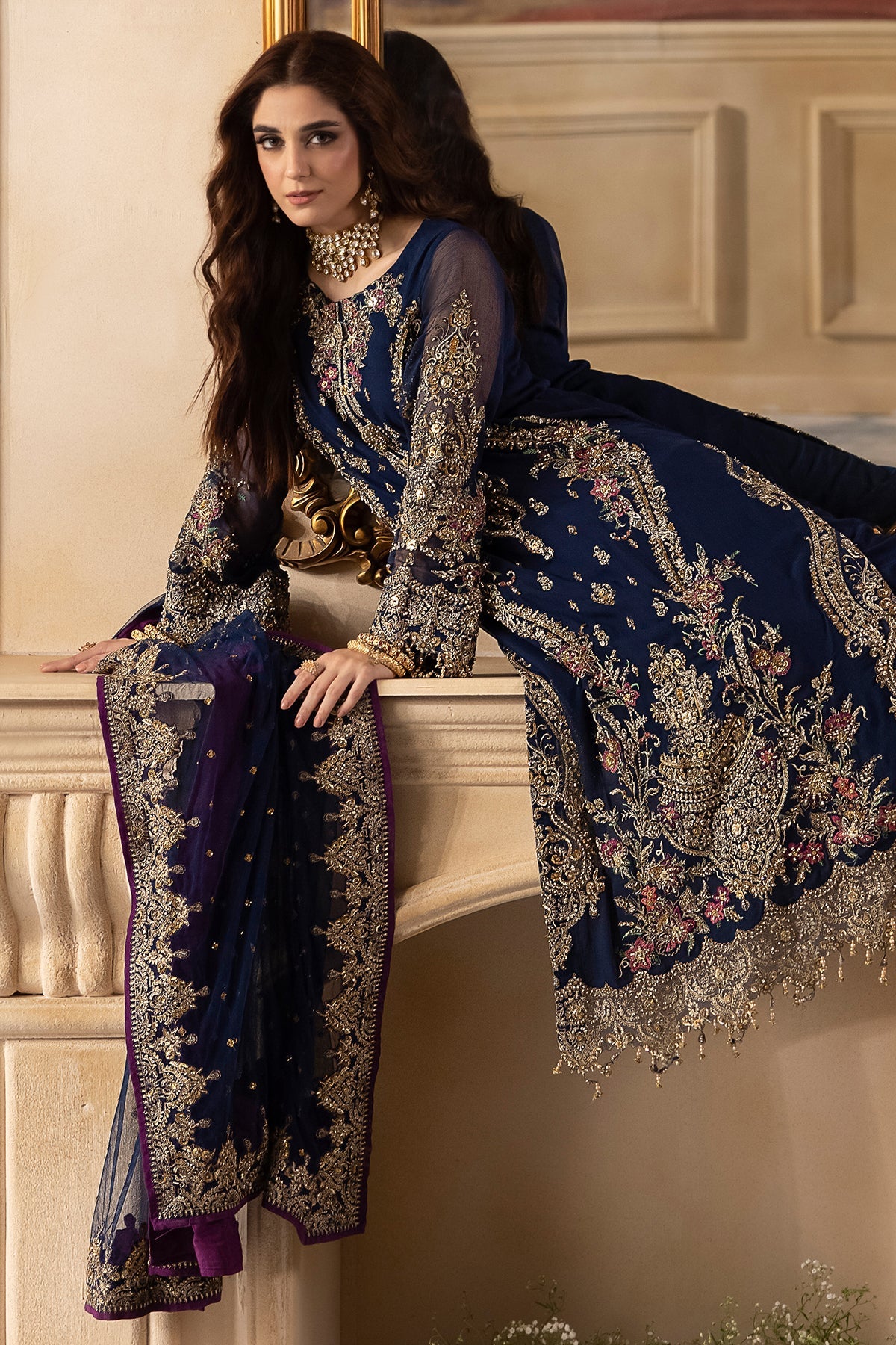 Maya Ali Dark Blue Long Shirt, Trouser and Dupatta Set | COD | 50% OFF