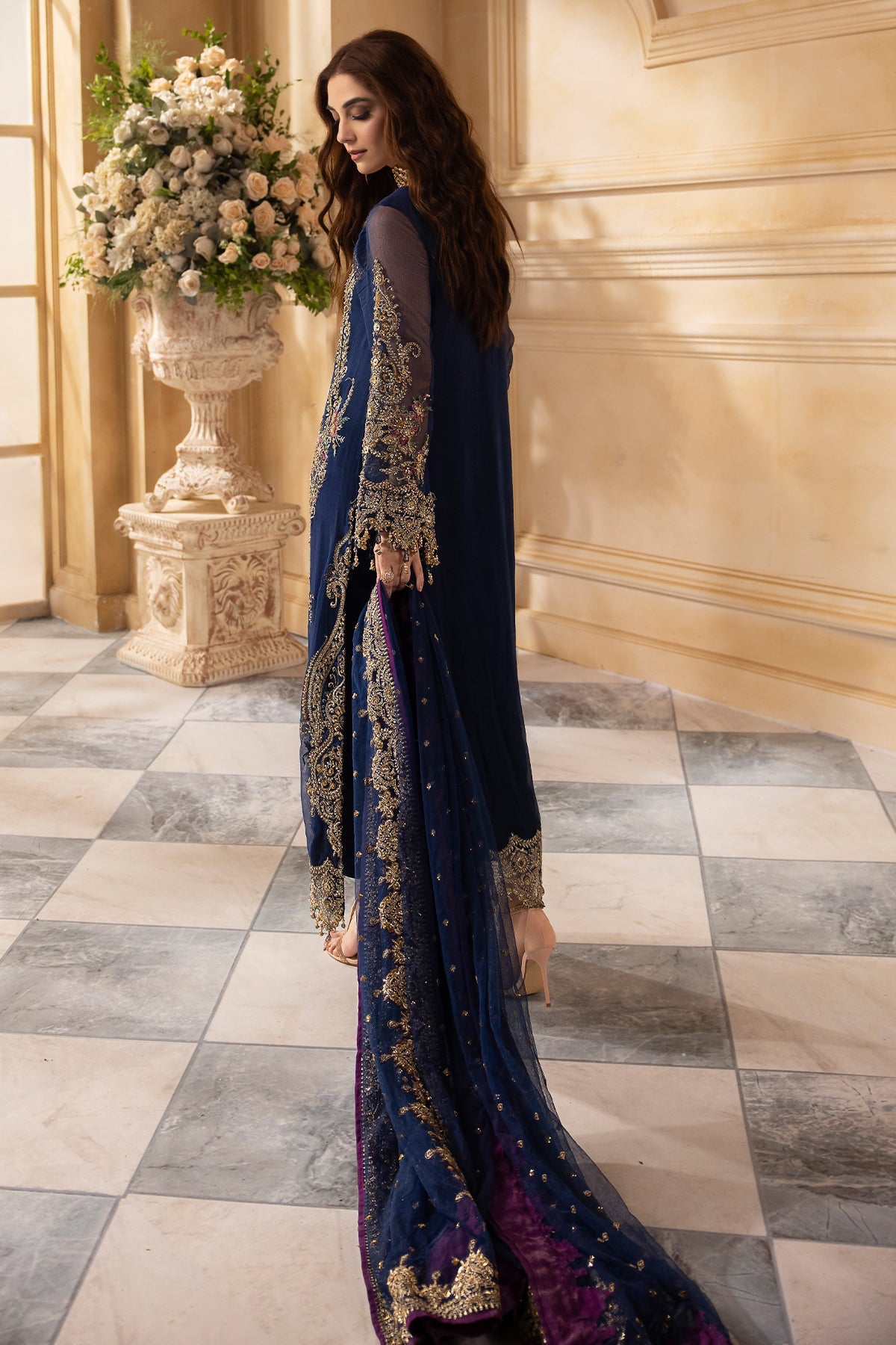Maya Ali Dark Blue Long Shirt, Trouser and Dupatta Set | COD | 50% OFF