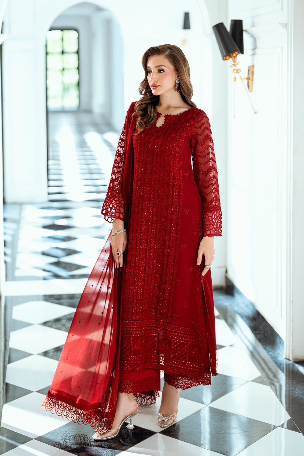 Alishba Abbasi - Ruby Red Shirt, Trouser with Dupatta - COD | 50% OFF