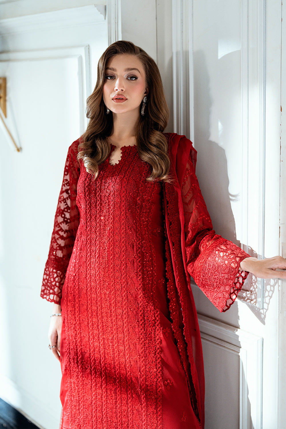 Alishba Abbasi - Ruby Red Shirt, Trouser with Dupatta - COD | 50% OFF