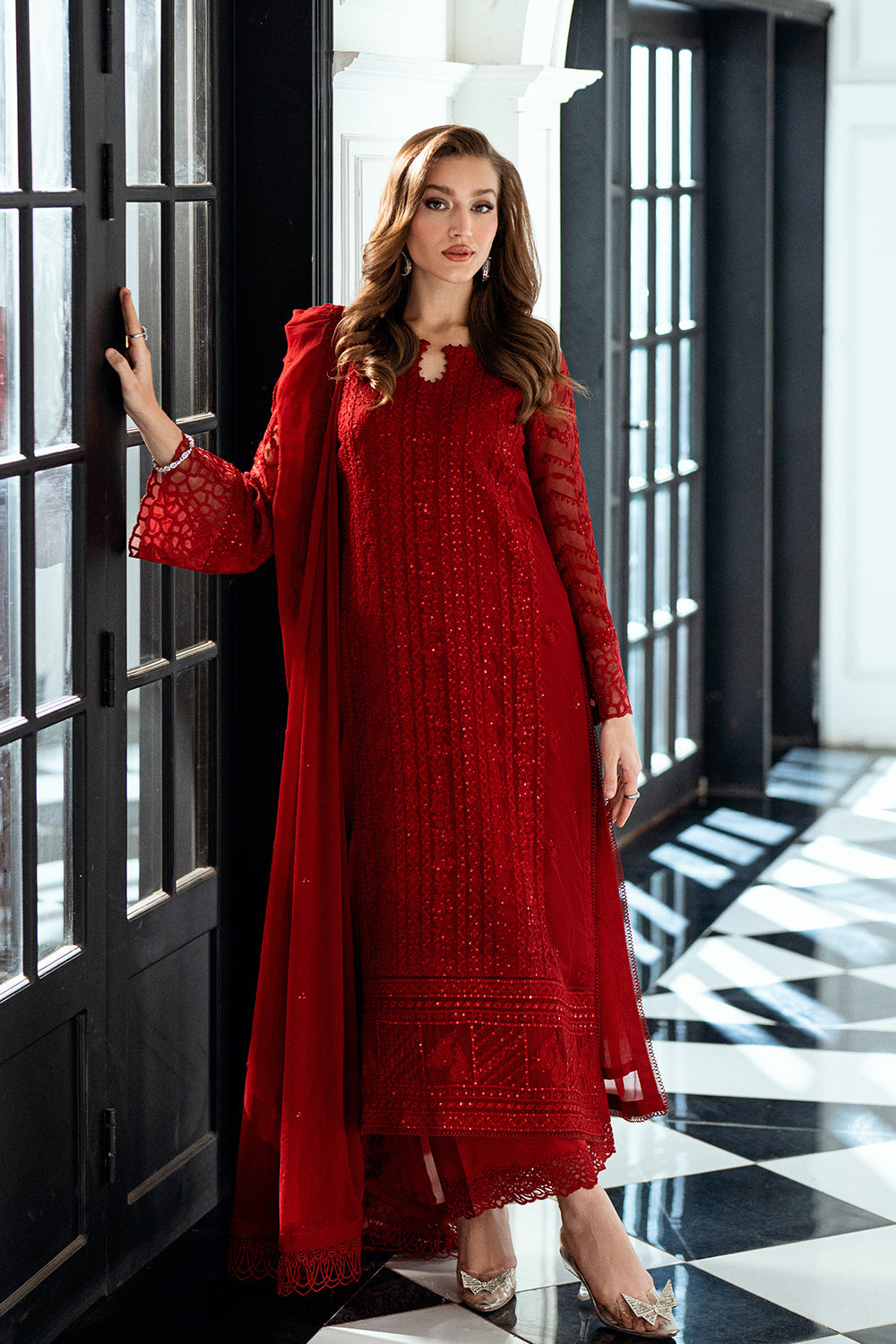 Alishba Abbasi - Ruby Red Shirt, Trouser with Dupatta - COD | 50% OFF